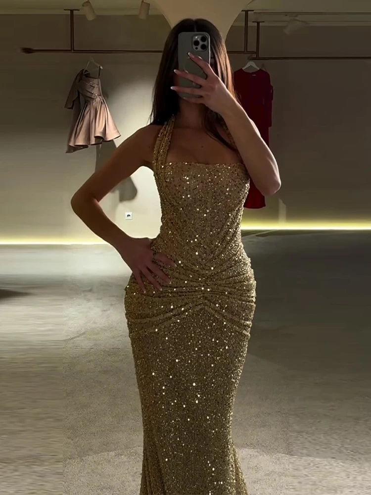 Sexy Sequin Halter Long Dress Women Slim Sleeveless Square Collar Solid Evening Robe Female 2026 Spring Summer Dresses