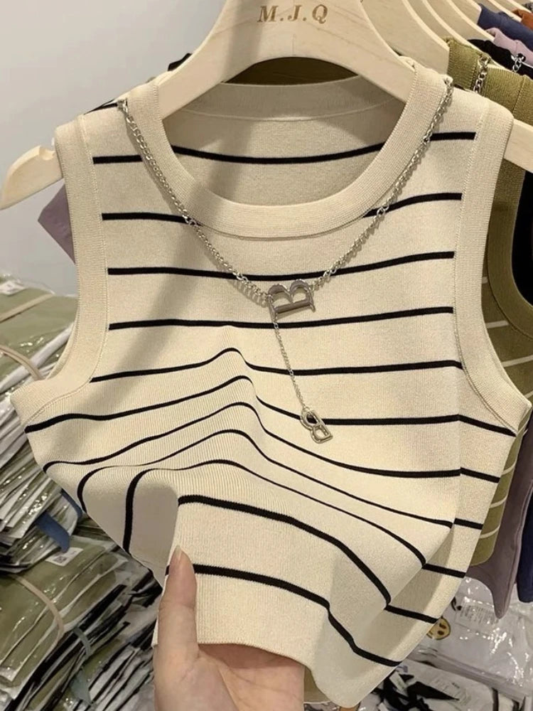 Sleeveless Knitted Striped Crop Tops 2026 Spring Summer Women Tank Tops Female Elastic Slim Casual Vests Color Blocking Camis