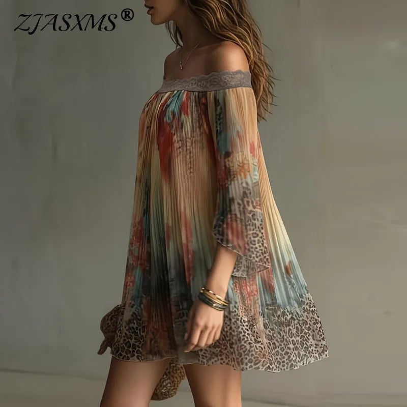 Spring Elegant Colorful Print A-Line Party Dresses Woman