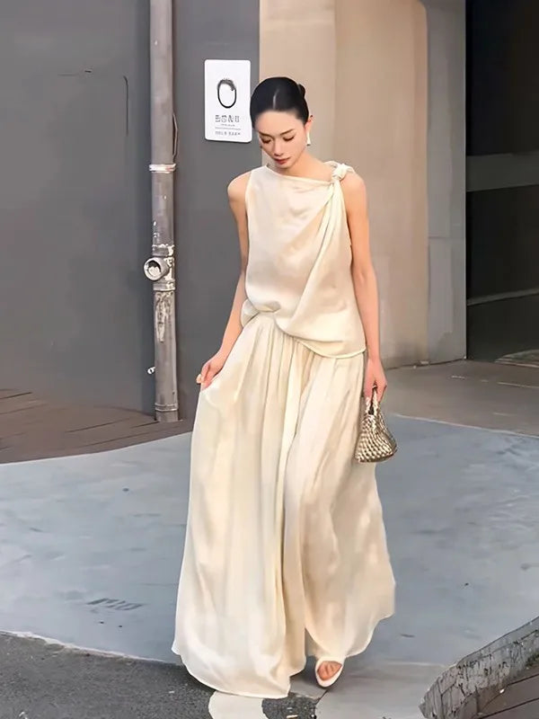 Summer 2025 Women's Knot Neckline Sleeveless Vest And Skirt Set Casual Stylish Half Body Fashion Ensemble Long Pants