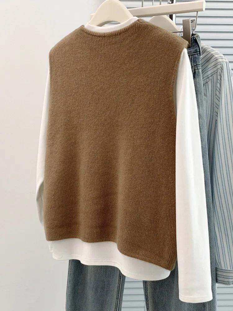Fashionable Short Knitted V-Neck Vest Women's Autumn Winter Outerwear Sweater Cardigan Shoulder Pad Layering Vest