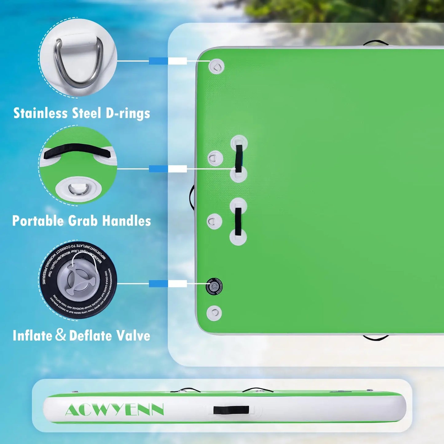 ACWYENN Inflatable Floating Dock for Lakes, Floating Island Raft for Pool Beach Ocean Boat (Green, 8 * 6 FT)
