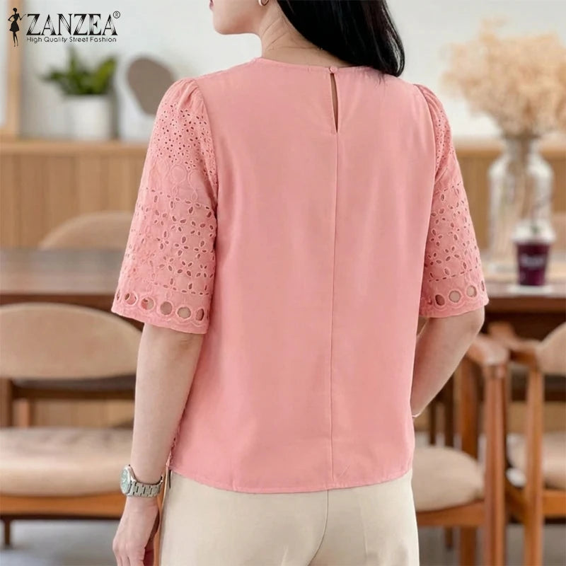 ZANZEA Summer Openwork Embroidered Woman Blouses O-Neck Half Sleeve Patchwork Pullover Tops Bohemian Casual Blusas de Mujer