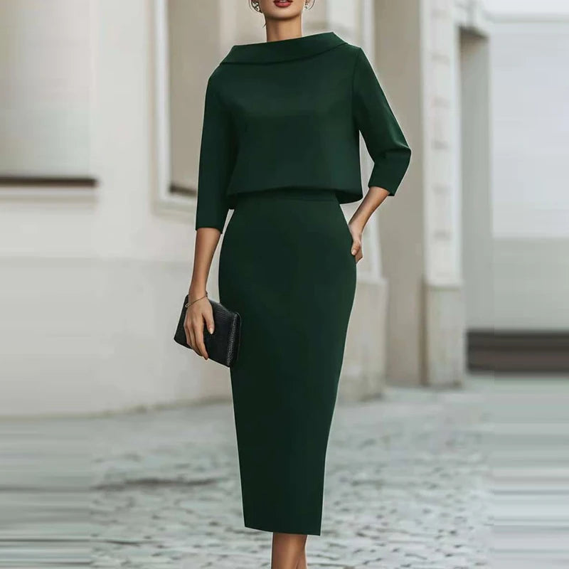 Fashion O-neck Long Sleeve Tops Skirts Matching Sets Elegant Solid Slim Half Skirts Sets Temperament Simple Wrap Hips Skirts Set
