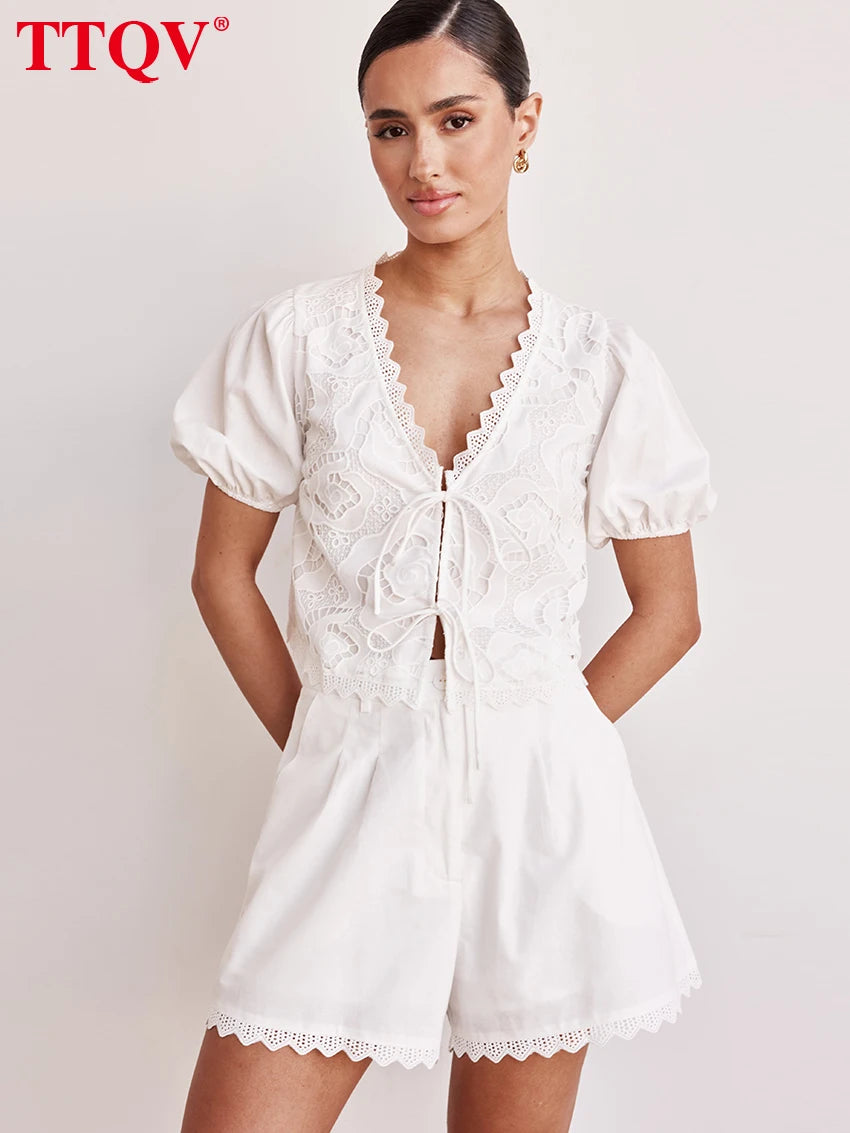 Summer Short Sleeve Shirt With High Waist Shorts Set Streetwear