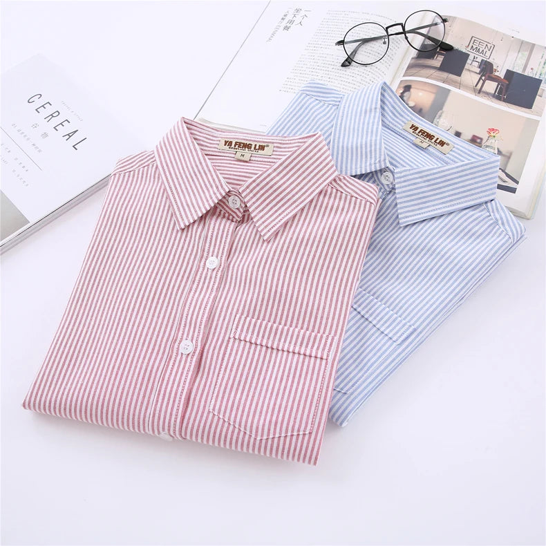 Cotton White Blue Pink Striped Shirt Women 2026 Spring New Simple Casual Lapel Long Sleeve Blouses & Tops Office Ladies Clothes