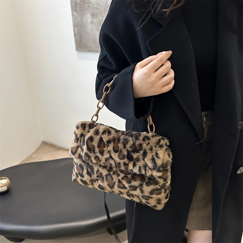 Korean-style ladies' handbag, autumn and winter plush crossbody bag, fashionable leopard print handbag, birthday gift