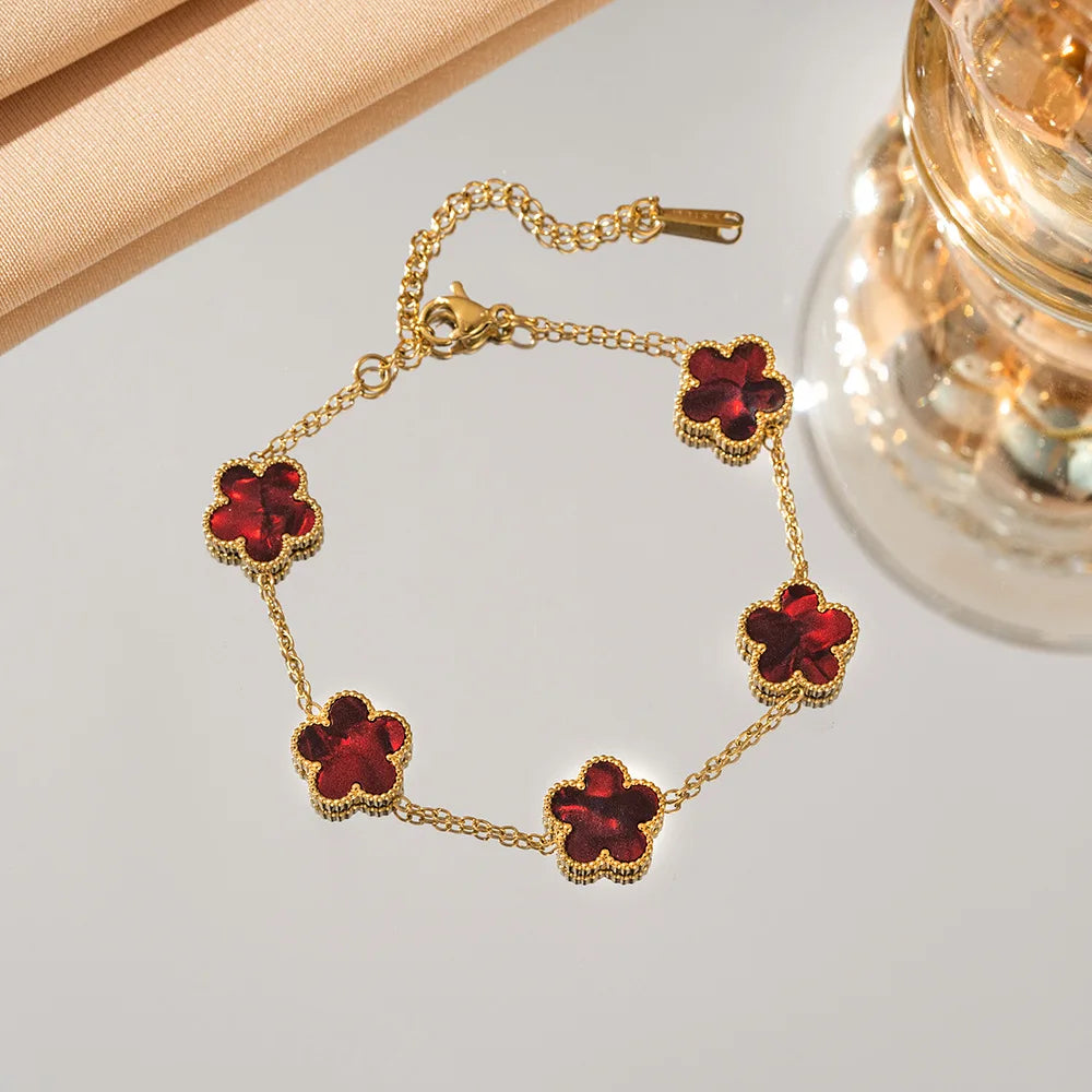 Double Sided Five-Leaf Flower Bracelet For Women Adjustable 18k Plated Gold Stainless Steel Five Point Star Clover Party Jewelry