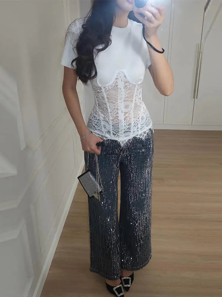 Lace Patchwork Tops See Through O-neck