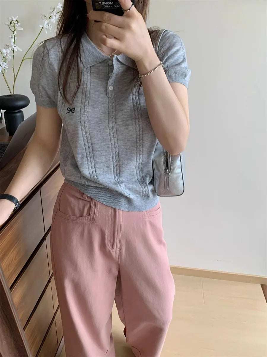AOSSVIAO 2026 Summer New Korean Fashion Slim Polo shirt Knitted Short Sleeve T-shirt Sweet Bow Embroidered Knitted  Women Tops