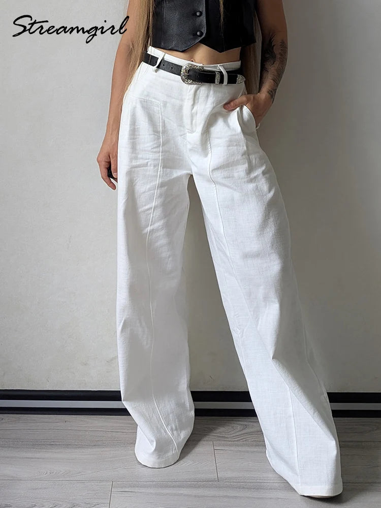 White Wide Leg Cotton Linen Pants For Women Summer Ladies Pant Cotton Trousers Suit For Woman Elegant Straight Leg Office Pants