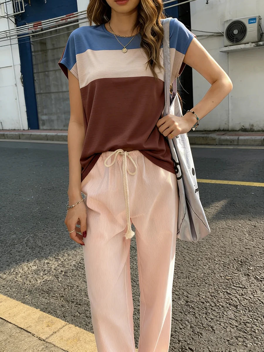 Women's T-Shirt Round Neck Short Slv Color Block Soft Loose Tops Casual Tee Spring Summer Trendy T-Shirt Daily Breathable Tops