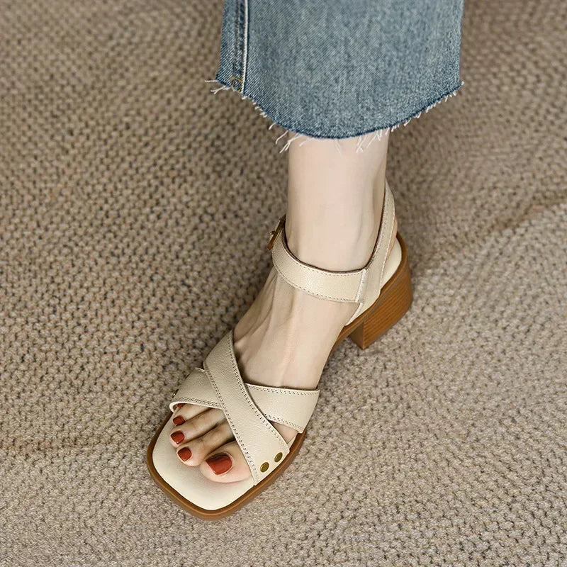 Women's Summer Mid-heel Open-toe Sandals with Empty Back Cross Straps Elegant Woman Heeled Shoes 2024 Trend High Heels