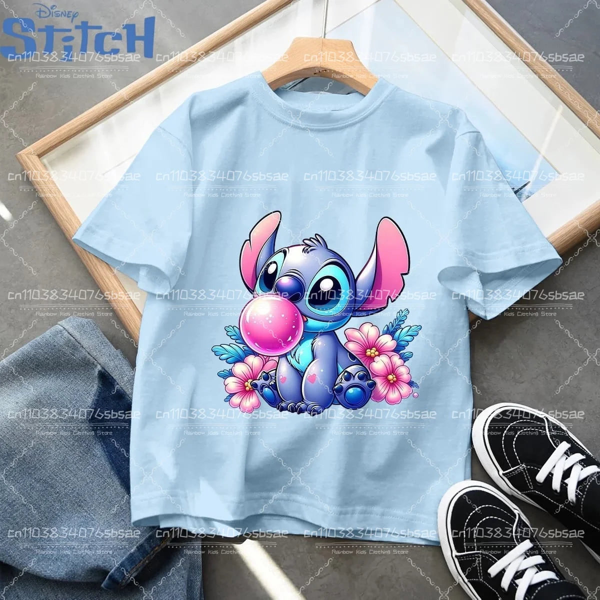2026 Disney Children's Clothing, Stitch Cartoon Printed T-shirt, Round Neck Top for Boys and Girls, Soft Cotton Fabric Top