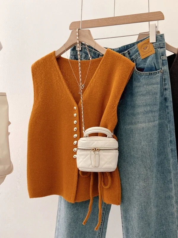 V-Neck Knitted Open Cardigan Vest Women's Outerwear Spring Autumn plus Size Slimming High-End Feelings Belted Short Top