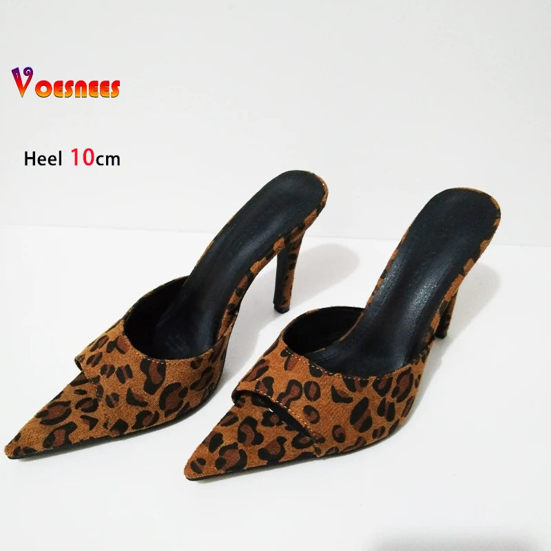 Pointed Toe Slippers For Ladies Fashion Leopard Print 2026 Summer Mules Shoes 10CM Thin High Heels Elegant Women Suede Sandals