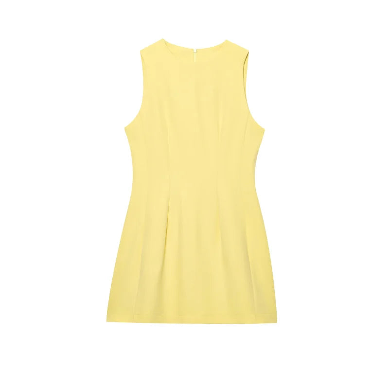 ETJ2025 summer new  women's ZW series elegant simple classic puffy round neck sleeveless waist short dress
