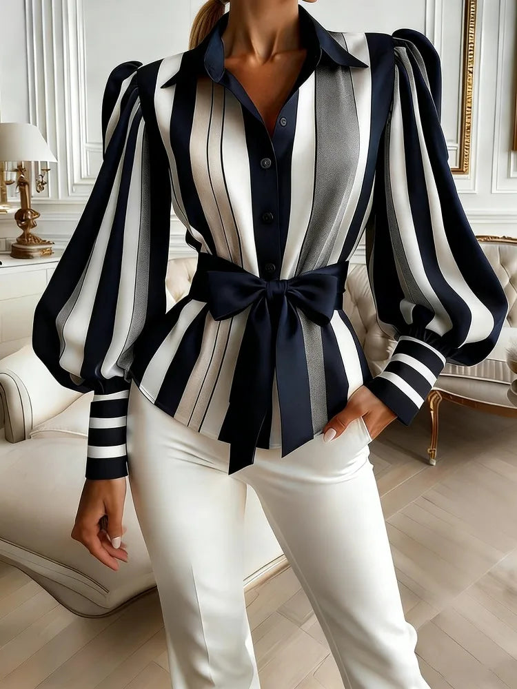 UOOZEE Women's Contrast Color Striped Shirt Long Puff Sleeves Belted Elegant Office Blouse 2026 Fashion Tops Formal Workwear