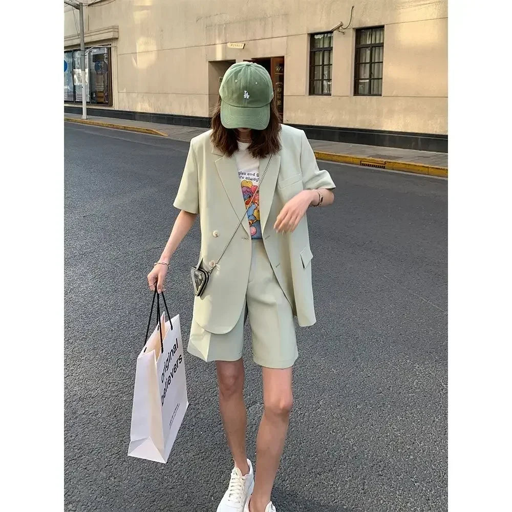 Korean Loose 2 Piece Women Short Set with Blazer Summer