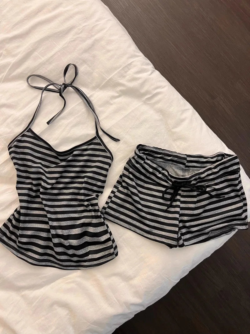 Pure desire striped lace-up neckless short bra pajama set summer