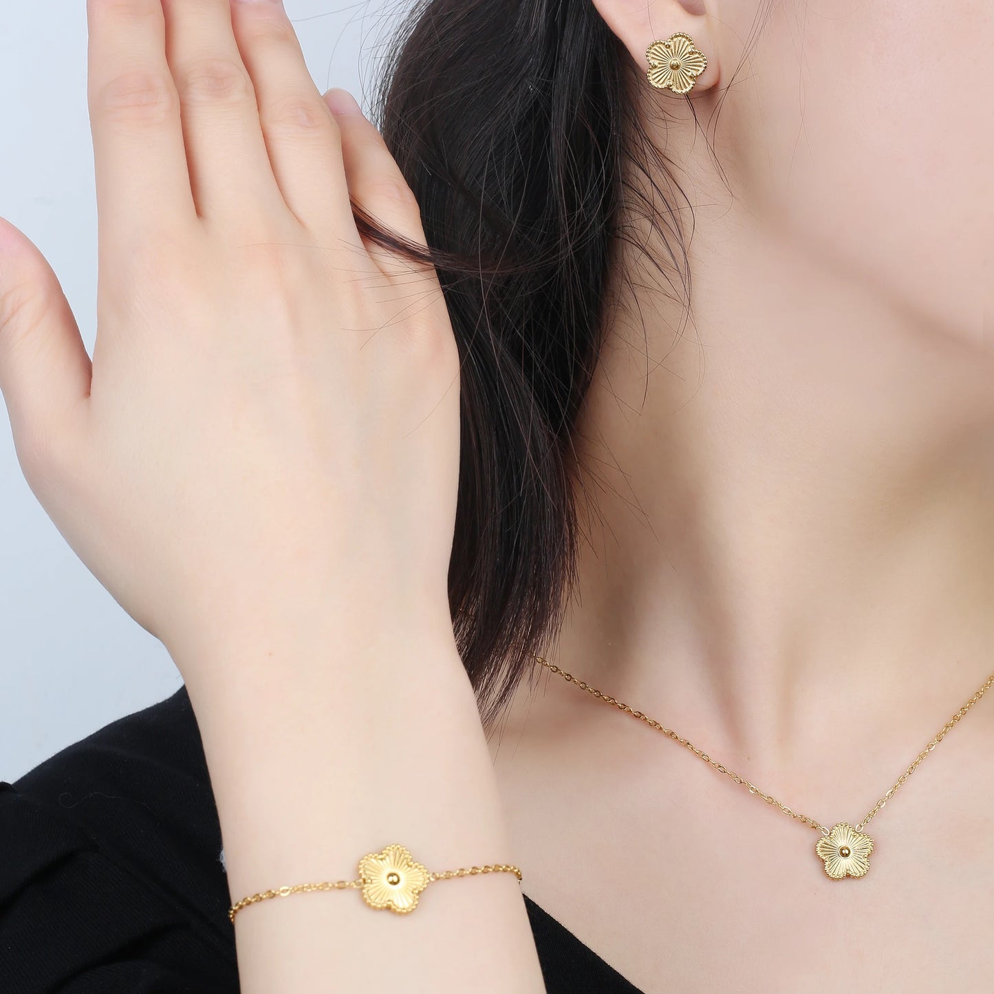 Bracelet Earrings 18K Gold Plated Jewelry Set For Women Girl Gift Clover