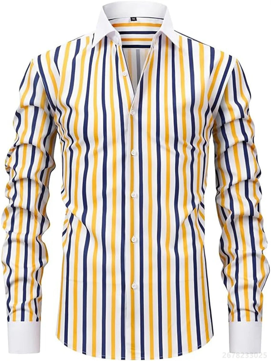 Men's shirts, long-sleeved lapel business formal button-down shirts, men's striped shirts, high-quality men's tops XS-6XL