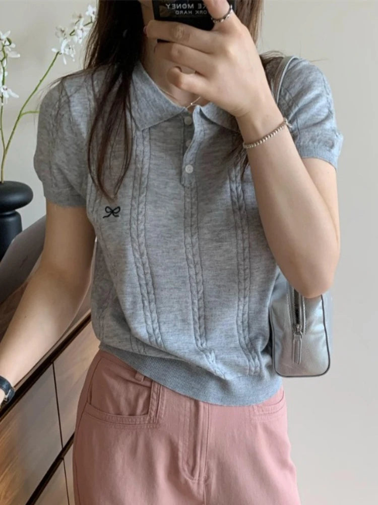 AOSSVIAO 2026 Summer New Korean Fashion Slim Polo shirt Knitted Short Sleeve T-shirt Sweet Bow Embroidered Knitted  Women Tops