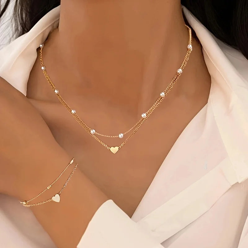 Chic Imitation Pearl Heart Jewelry Set For Women Gold Color Round Beads Necklace Bracelet Set Daily Wear Fashion Collection