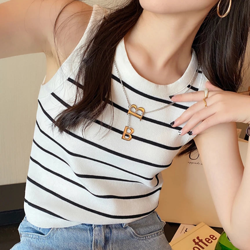 Sleeveless Knitted Striped Crop Tops 2026 Spring Summer Women Tank Tops Female Elastic Slim Casual Vests Color Blocking Camis
