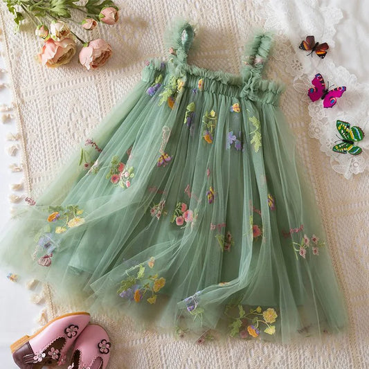 Summer New Sweet Girls' Little Sling Dress Children's Bow Floral Embroidery