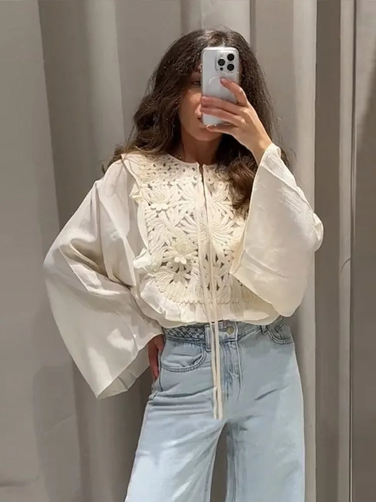 Floral Hollow Embroidery Mini Skirt Sets Women 2 Pieces Flare Sleeved Women
