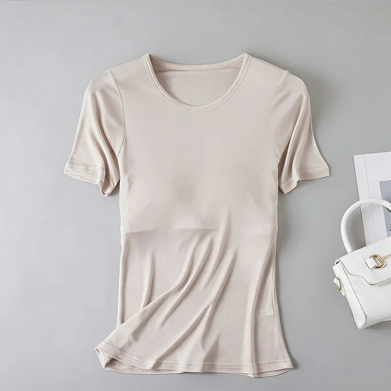 Birdtree, 22% Real Silk Solid Tshirt, With Built-in Bra, Women Short Sleeve O-neck Loose Soft Shirt, 2026 Spring New T63428JF