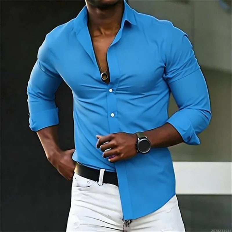 New men's shirt solid color long sleeve casual fashion black and white multi-color optional all seasons business men's shirt
2026