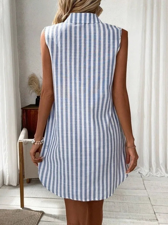 Women's Summer New Sleeveless V-Neck Button Striped Shirt Dress, Casual Short Daily Wear,  Comfortable Fashion