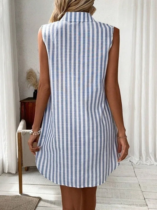 Women's Summer New Sleeveless V-Neck Button Striped Shirt Dress, Casual Short Daily Wear,  Comfortable Fashion
