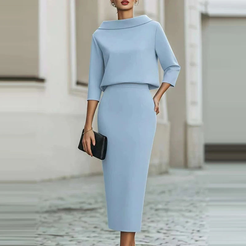 Fashion O-neck Long Sleeve Tops Skirts Matching Sets Elegant Solid Slim Half Skirts Sets Temperament Simple Wrap Hips Skirts Set