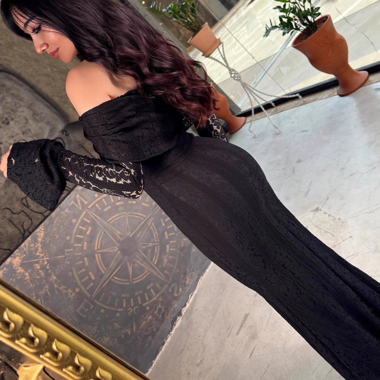 Women's Elegant Lace Bodycon Evening Gown 2026 Spring Summer Black Knitted Dress High-End Off Shoulder Long Sleeve A Line Skirt