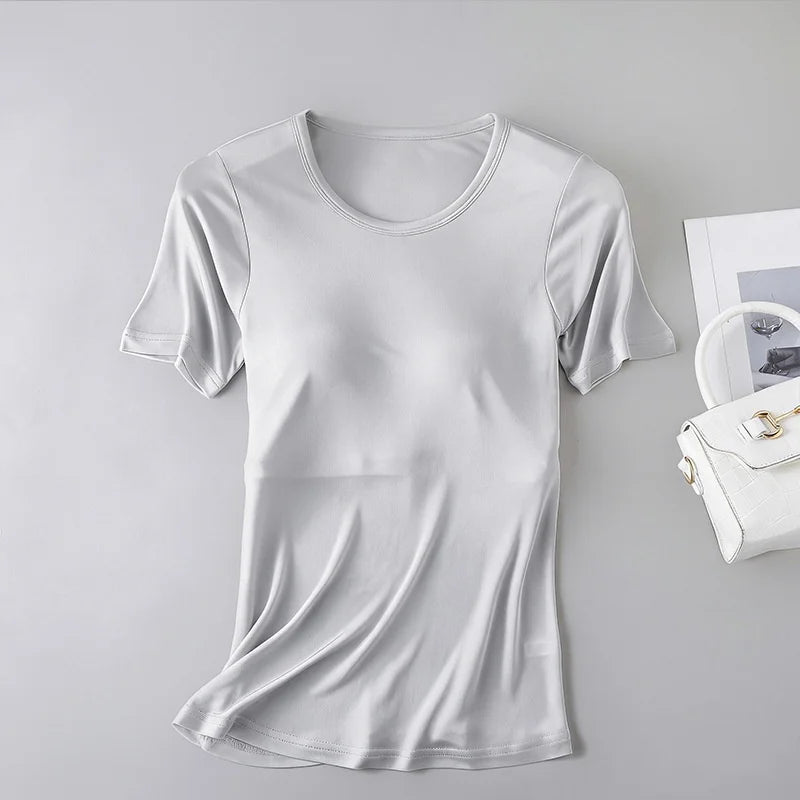Birdtree, 22% Real Silk Solid Tshirt, With Built-in Bra, Women Short Sleeve O-neck Loose Soft Shirt, 2026 Spring New T63428JF