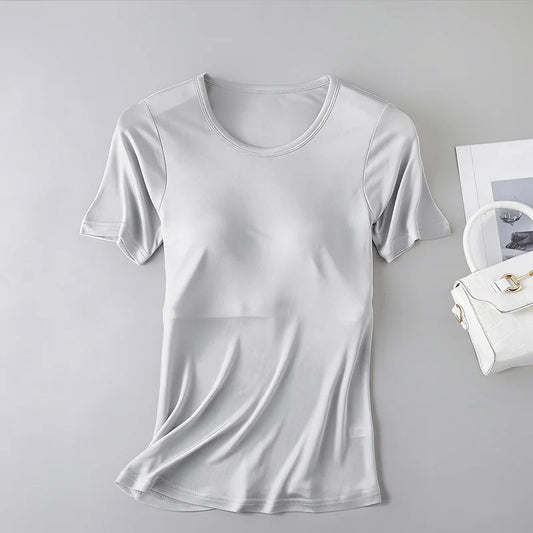 Birdtree, 22% Real Silk Solid Tshirt, With Built-in Bra, Women Short Sleeve O-neck Loose Soft Shirt, 2026 Spring New T63428JF