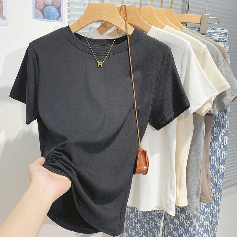 2026 New Women's 100% Cotton T-shirt Bottoming Basic Solid Lady Short Sleeve Tops Shirts Summer T Shirt