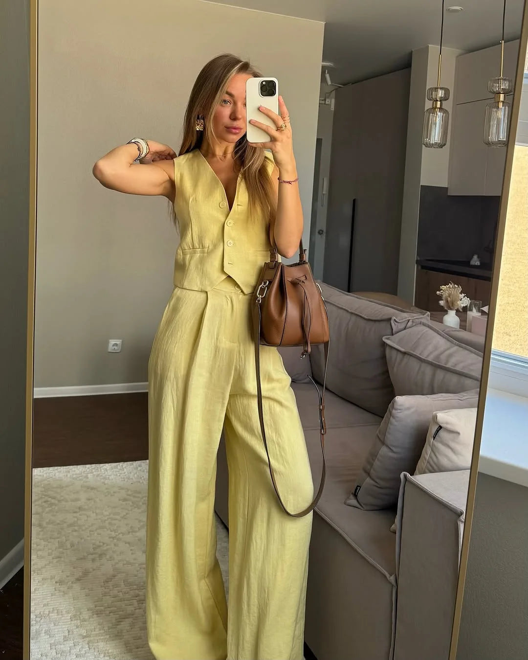 Simple Casual 2 Piece Set Women V Neck Single Breasted Crop Vest+trouser Suit Summer Fashion Pleated Wide Leg Pants Sets