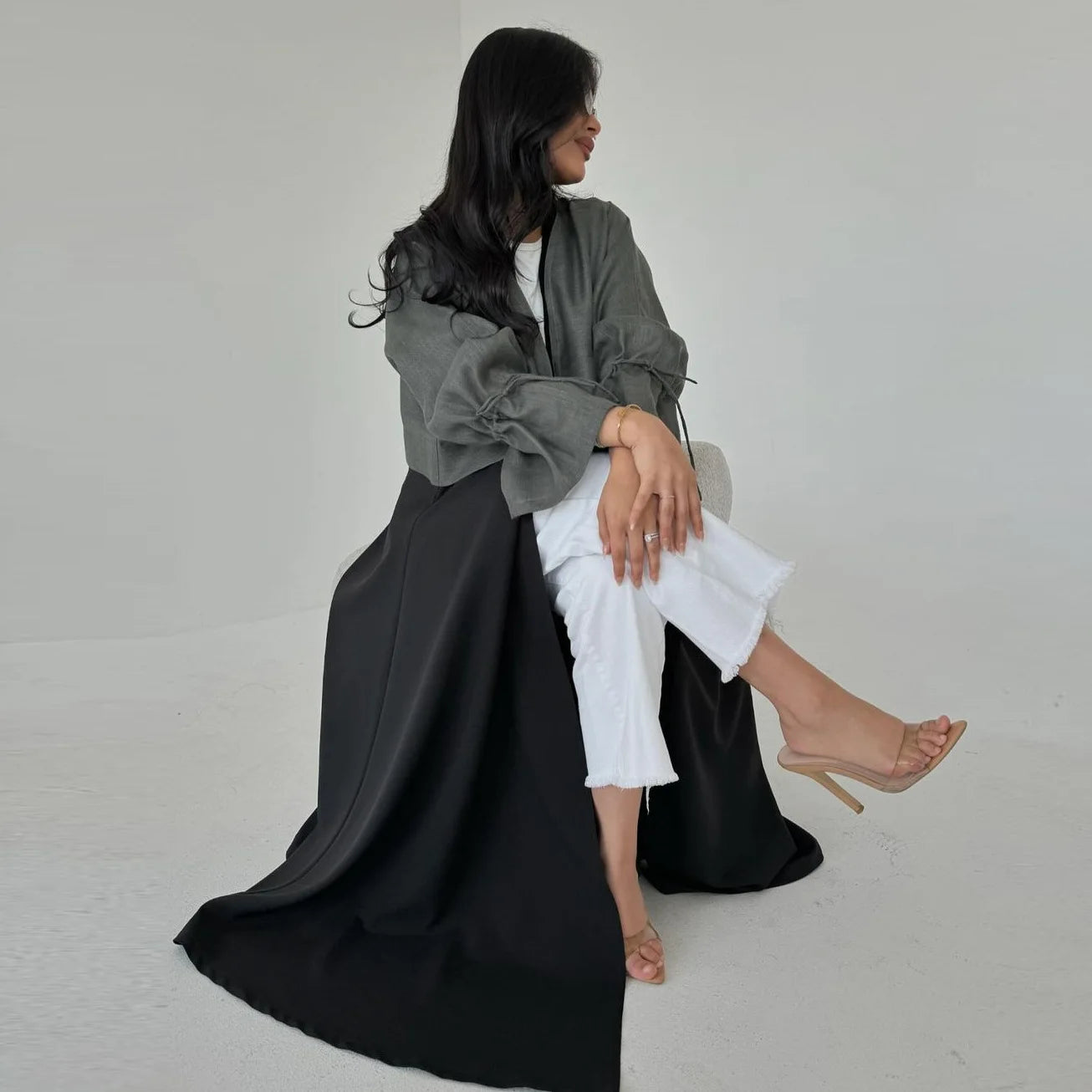 Fashionable Spliced Muslim Abaya with Corduroy Sleeve Opening High Density Ice Silk Dubai Turkey Robe for Middle East Muslims