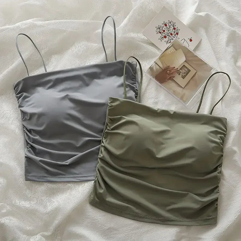 Sexy Crop Tops Women Summer Shirring Sleeveless Slim Camis Tops Bodycon with Chest Pad Fashion Casual Tops Female