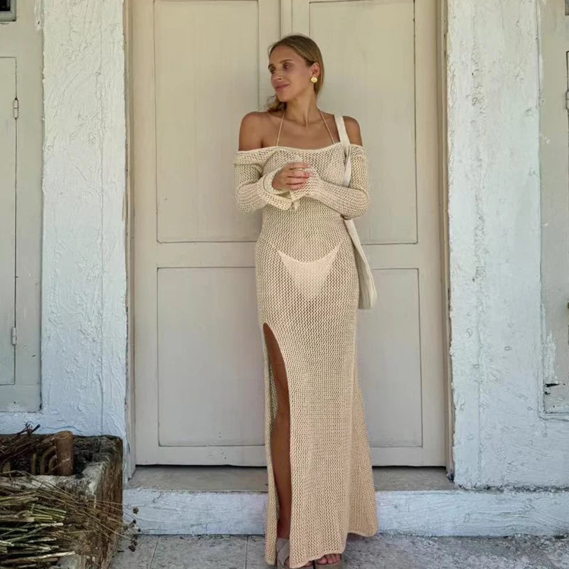 Side Slit Backless Knit Long Dress, Fashion Beach Vacation Long Sleeve Sun Protection Cover Up, All Seasons Fitted Plain Style