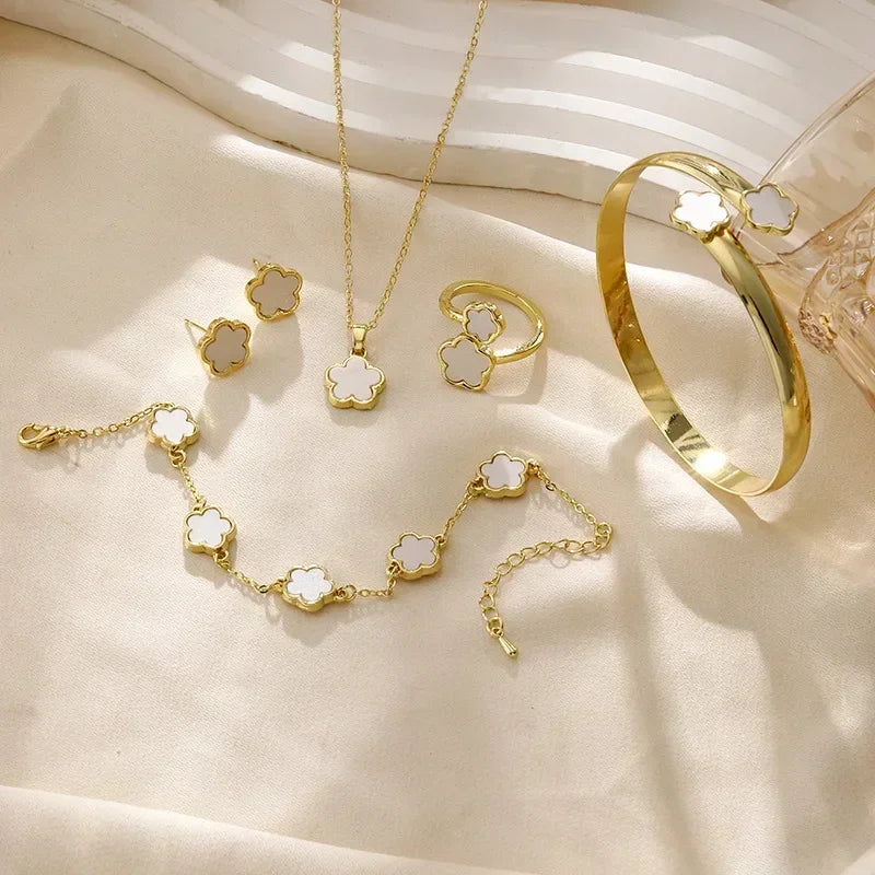 5pcs/set Luxury Quality Jewelry Sets Plum Blossom Plant Five Leaf Flower Women's Earrings Rings Bracelet Necklace Bangles Gift