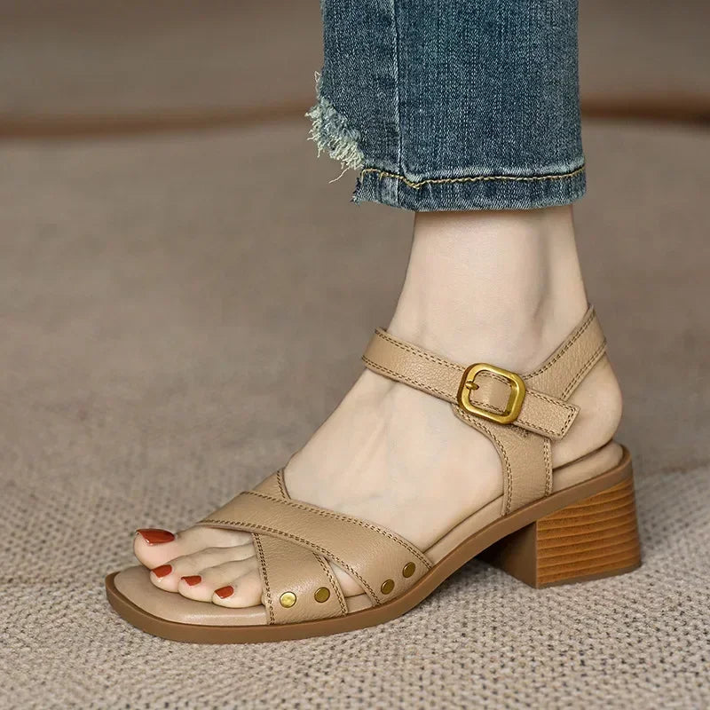 Women's Summer Mid-heel Open-toe Sandals with Empty Back Cross Straps Elegant Woman Heeled Shoes 2024 Trend High Heels