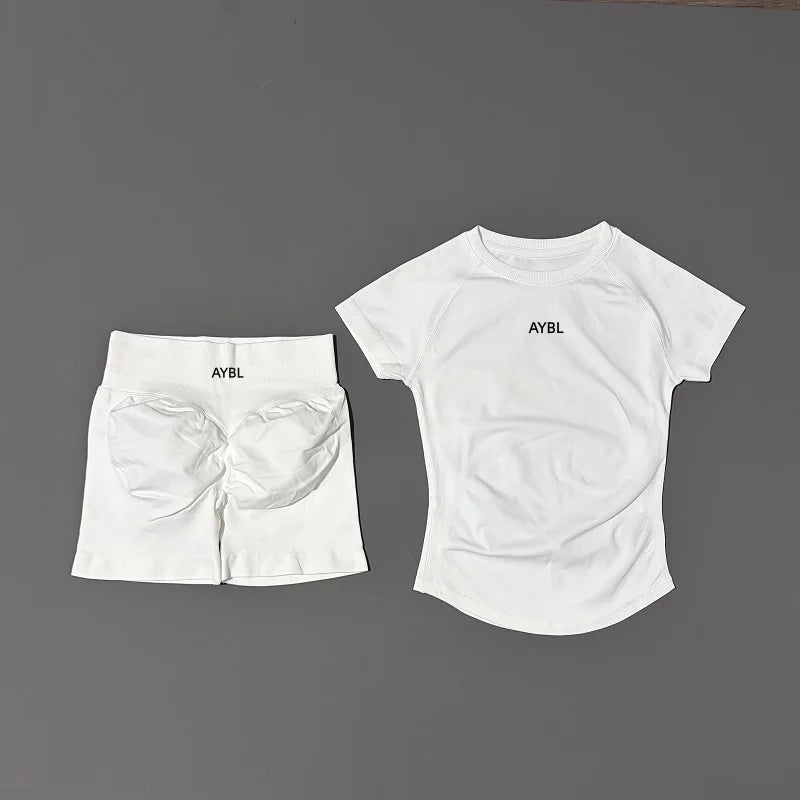 2 Pieces Sports Sets Short Sleeve Sculpt T Shirt Seamless Yoga Top Fitness Set Women
