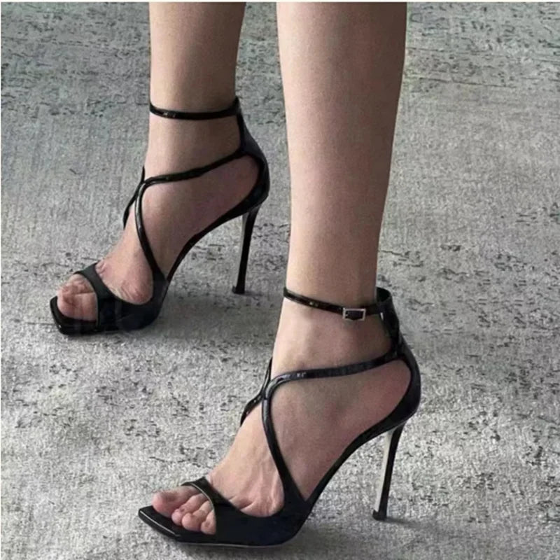 2026 New High Heels Square Hole Cross Strap Stiletto Heel Women Fashion Sandals