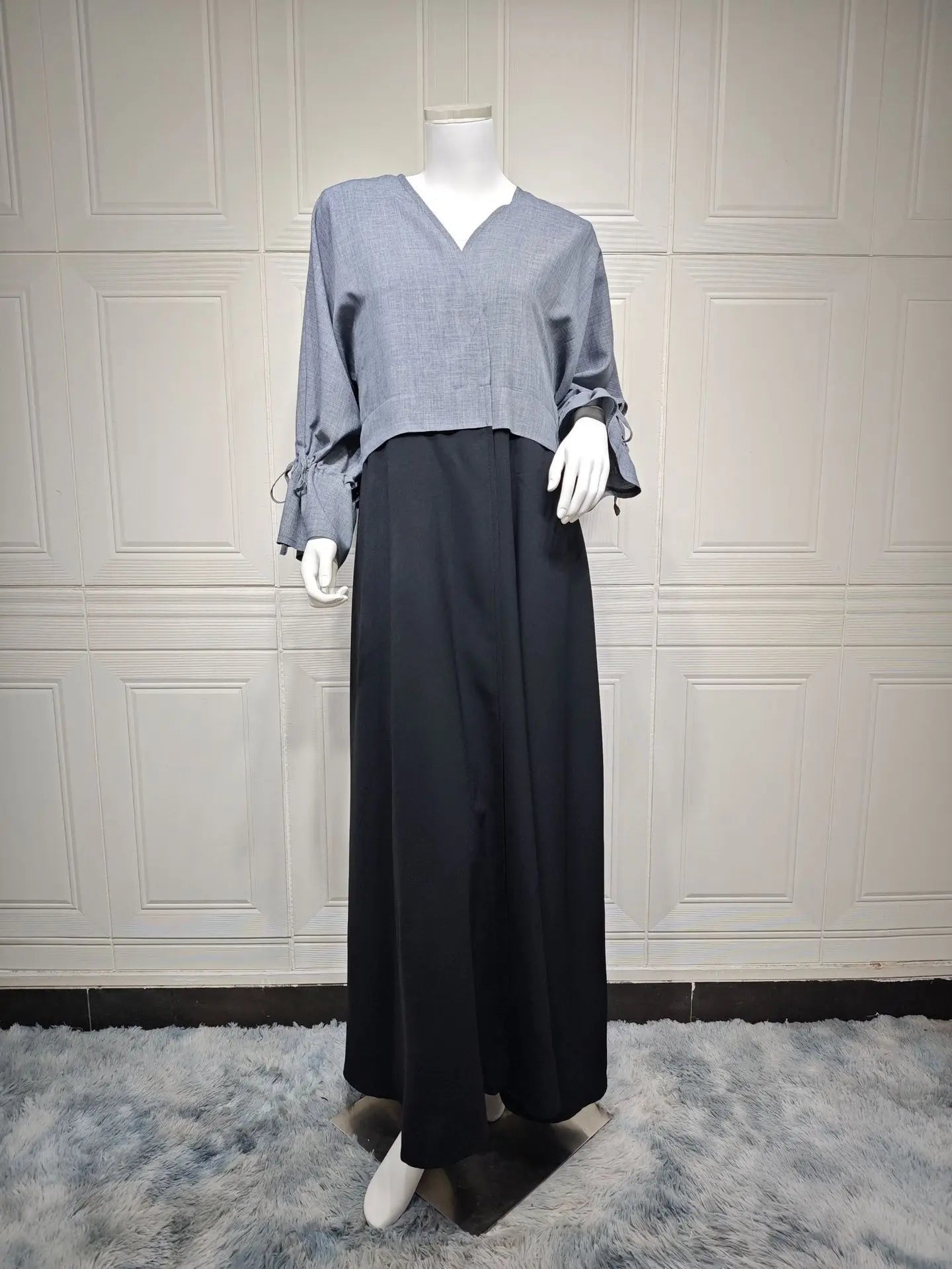 Fashionable Spliced Muslim Abaya with Corduroy Sleeve Opening High Density Ice Silk Dubai Turkey Robe for Middle East Muslims