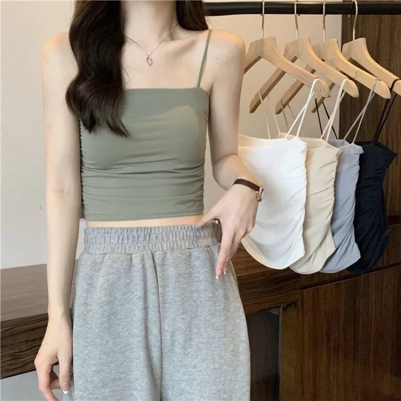 Sexy Crop Tops Women Summer Shirring Sleeveless Slim Camis Tops Bodycon with Chest Pad Fashion Casual Tops Female